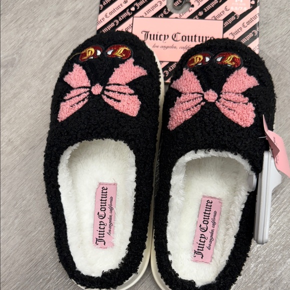 Juicy Couture Black Slippers with Pink Cat Design - Picture 1 of 1